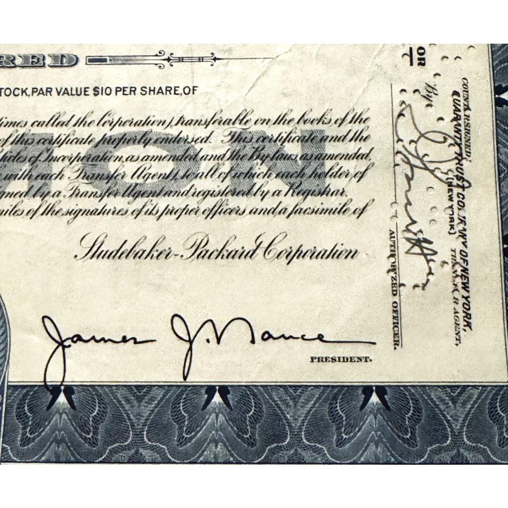 Stock certificate for Studebaker-Packard Corporation with signature from 1950s Blue Beauty