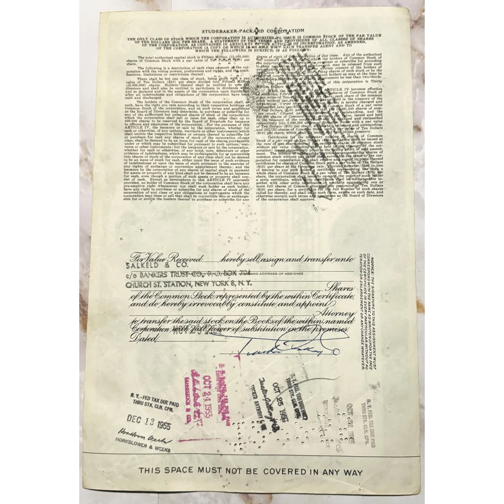 Official document with signatures showcasing a Rare Studebaker-Packard Stock Certificate