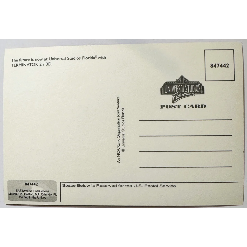 Universal Studios Florida postcard featuring Arnold Schwarzenegger in T2 3D poster