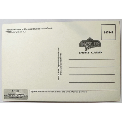 Universal Studios Florida postcard featuring Arnold Schwarzenegger in T2 3D poster