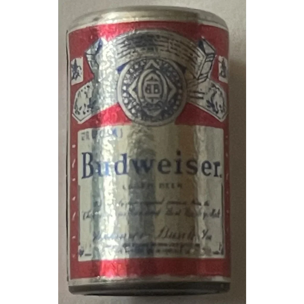 Vintage Mini Budweiser beer can in red and silver, a rare 1970s antique gift