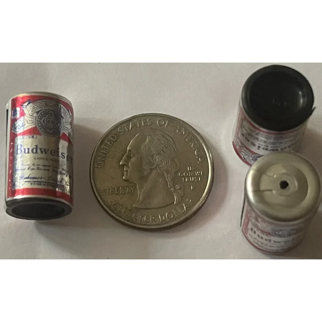 United States quarter dollar coin with Rare Unopened 1970s Mini Budweiser Beer Can