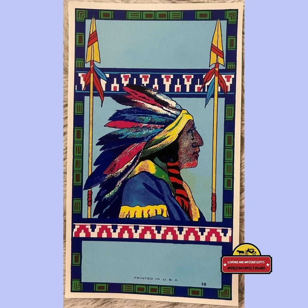 Colorful illustration of a Native American chief in a feathered headdress for broom label