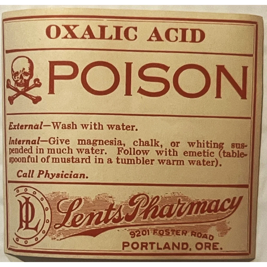Rare Vintage 1920s Oxalic Acid Label Lents Pharmacy Portland OR Historic! Collectibles from - Historic Find!