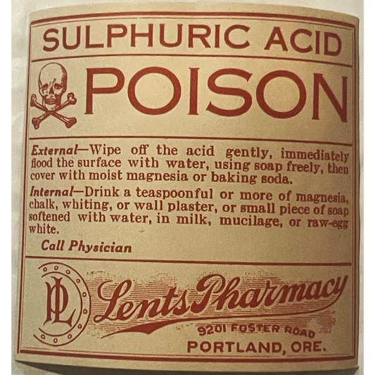 Rare Vintage 1920s Sulphuric Acid Label Lents Pharmacy Portland OR Historic! Collectibles and Antique Gifts Home page