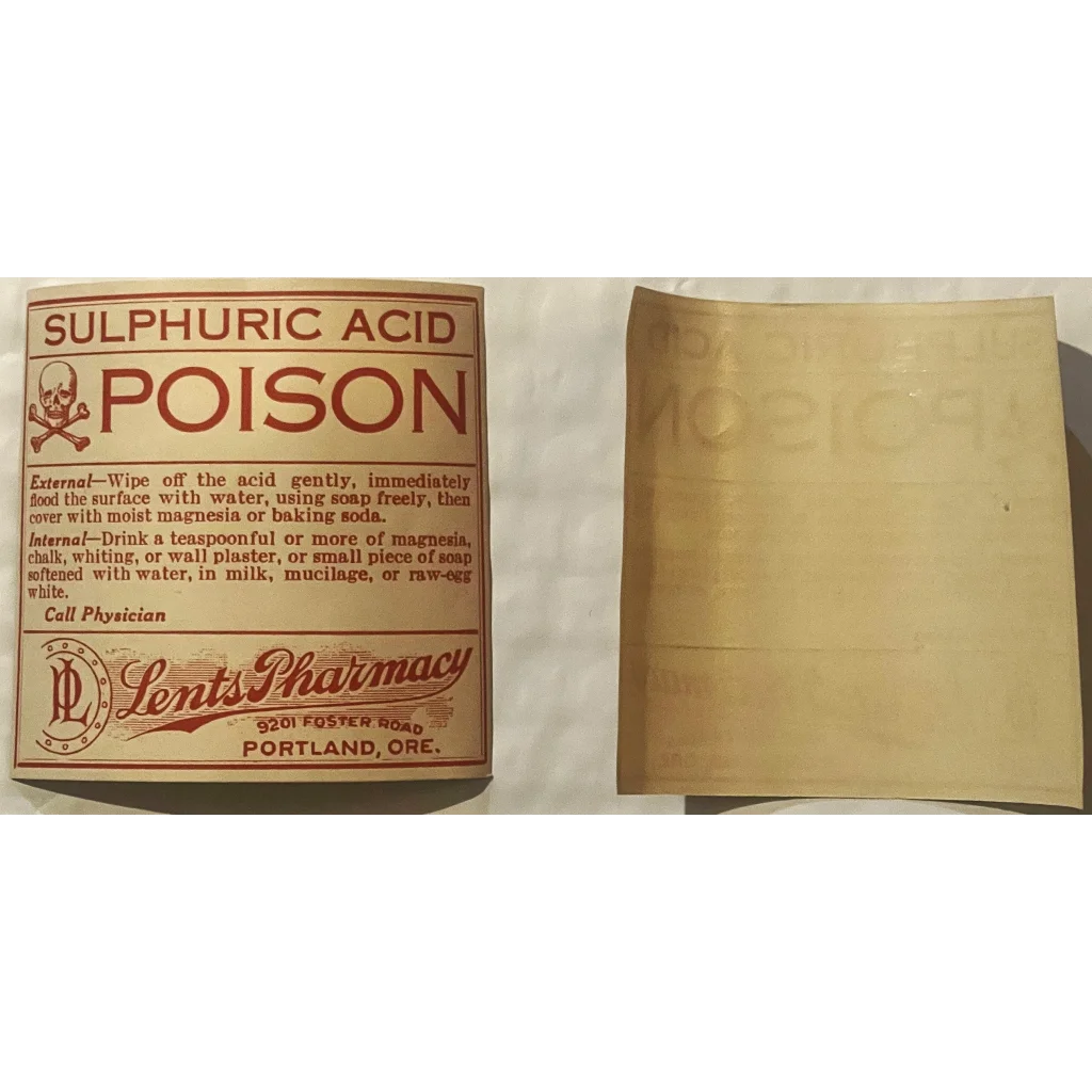 Rare Vintage 1920s Sulphuric Acid Label Lents Pharmacy Portland OR Historic! Collectibles