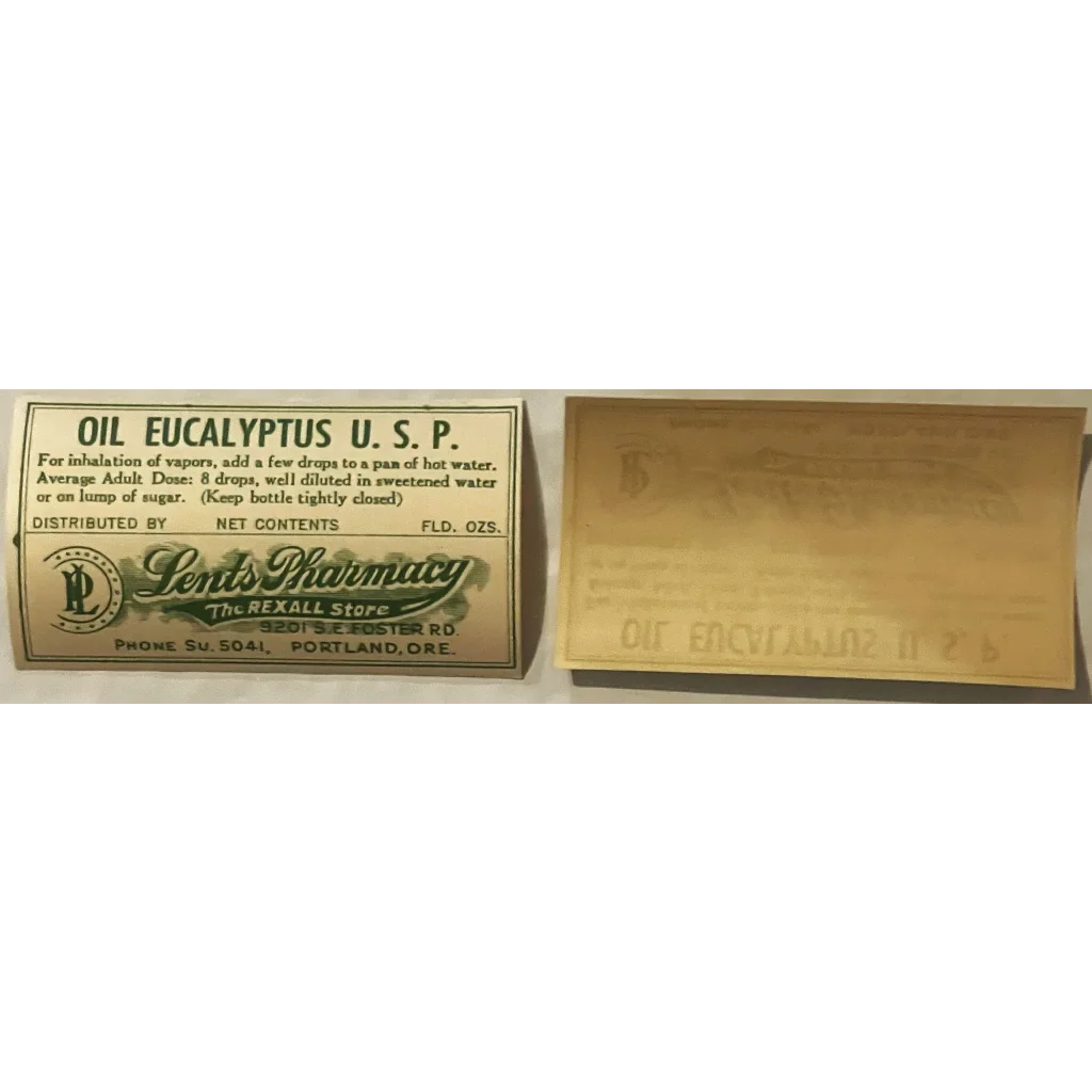 Rare Vintage 1930s Oil Eucalyptus Label Lents Pharmacy Portland OR Historic! Advertisements from | Historic Find