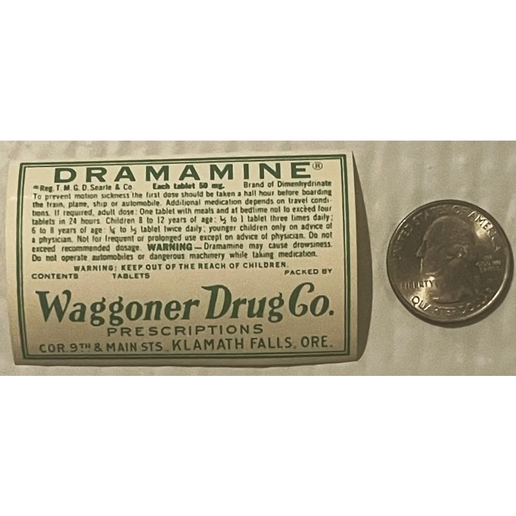 Rare Vintage 1940s Dramamine Label Waggoner Drug Company Klamath Falls OR Collectibles Antique Pharmacy Labels