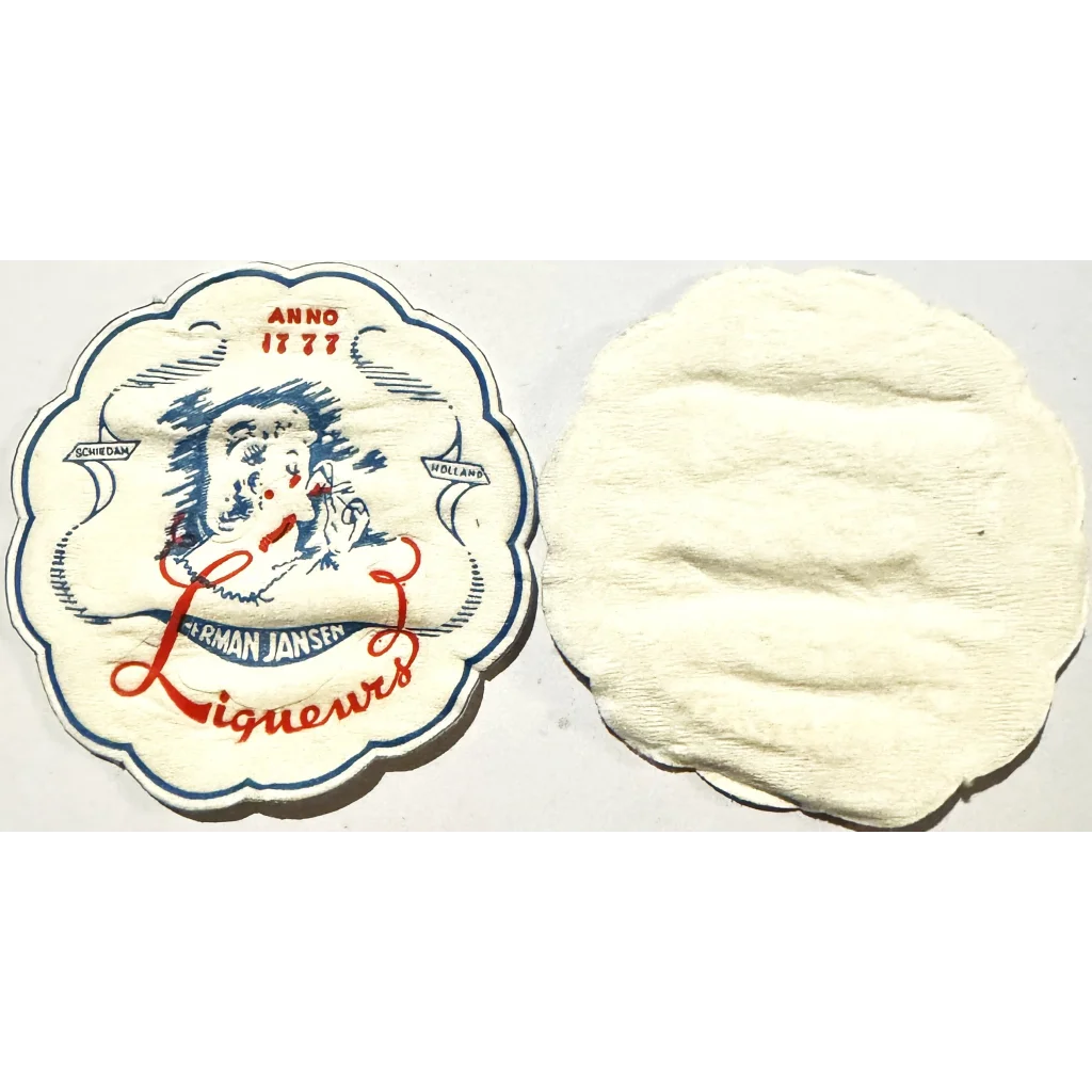 Vintage 1950s Herman Jansen coaster with cartoon character and Ligneur branding from 1977