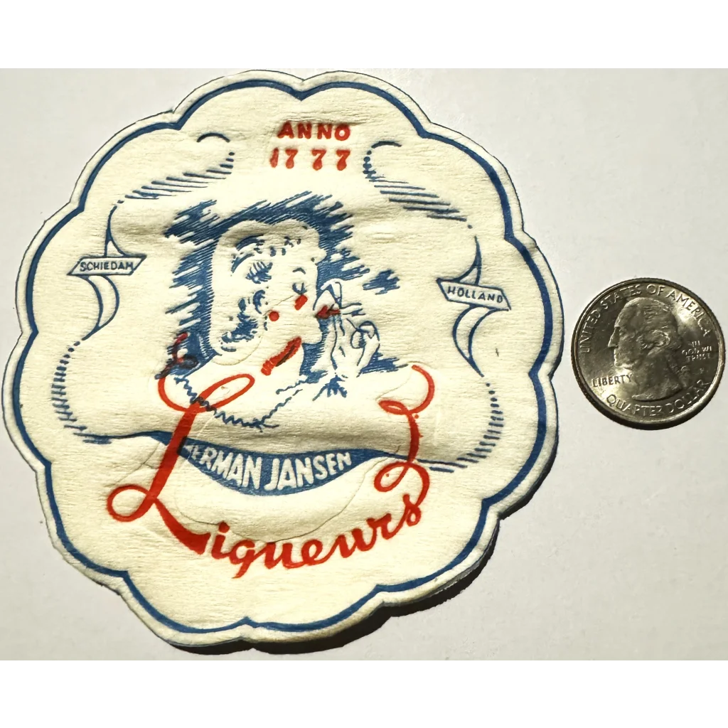 Vintage 1950s Herman Jansen coaster with cartoon character and ANNO 1777 text