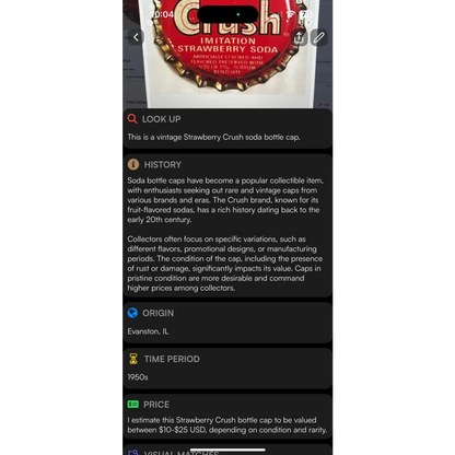 Vintage 1950s strawberry crush bottle cap from Evanston showing classic strawberry crush cork design