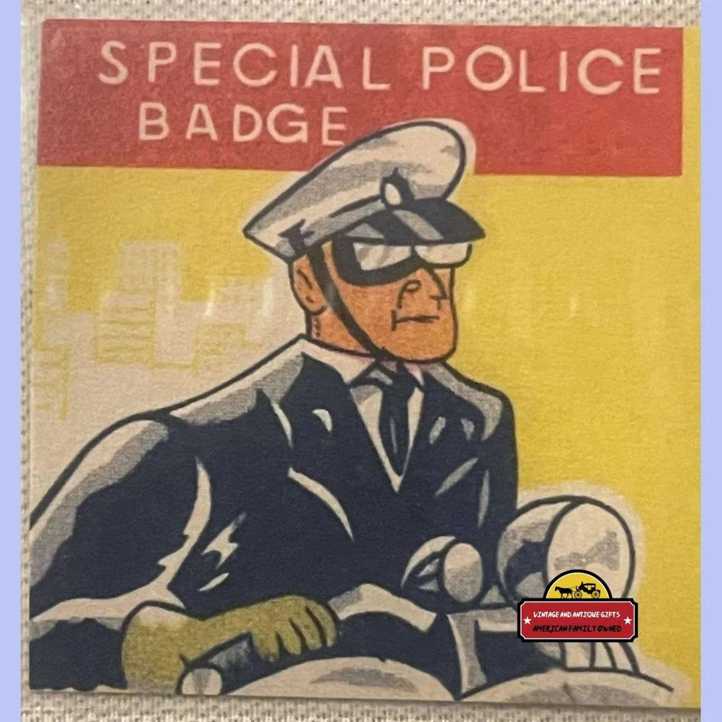 Vintage police officer on motorcycle illustration for Rare 1950s tin litho badge