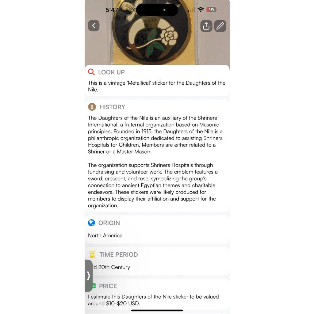 Vintage 1960s Daughters of the Nile sticker featuring Embla Crest for rare vintage collectors