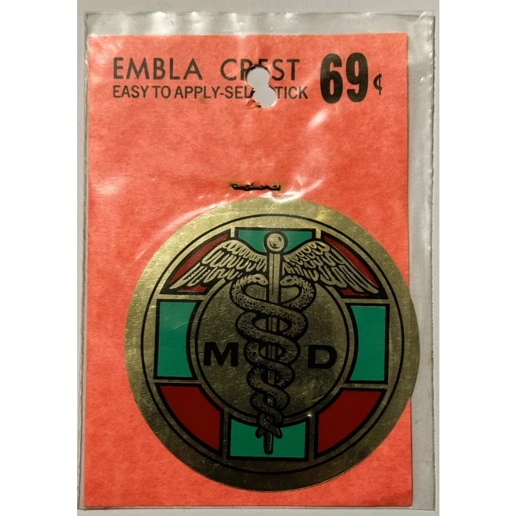 Vintage 1960s Embla Crest MD decal sticker from rare vintage 1960s doctor memorabilia