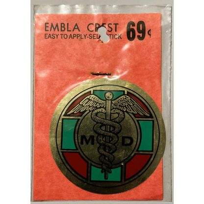 Vintage 1960s Embla Crest MD decal sticker from rare vintage 1960s doctor memorabilia