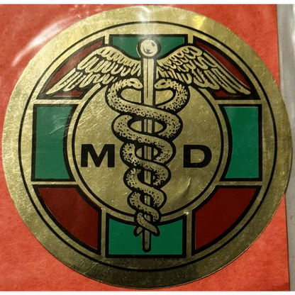 Gold medical caduceus sticker from rare vintage 1960s Embla Crest MD decal