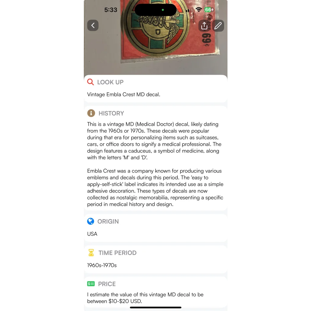 Rare vintage 1960s Embla Crest MD decal featuring a vintage 1960s doctor design