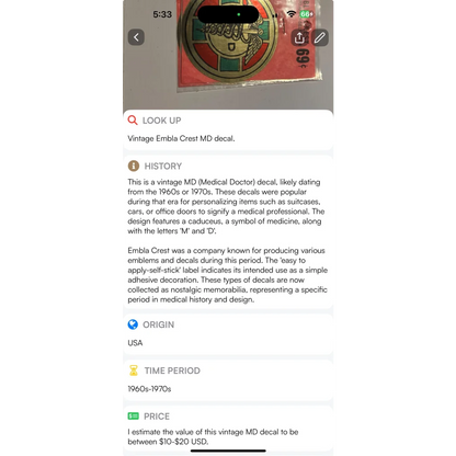 Rare vintage 1960s Embla Crest MD decal featuring a vintage 1960s doctor design