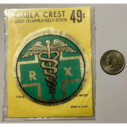 Rare vintage 1960s Embla Crest pharmacist decal, vintage 1960s self-sticking emblem