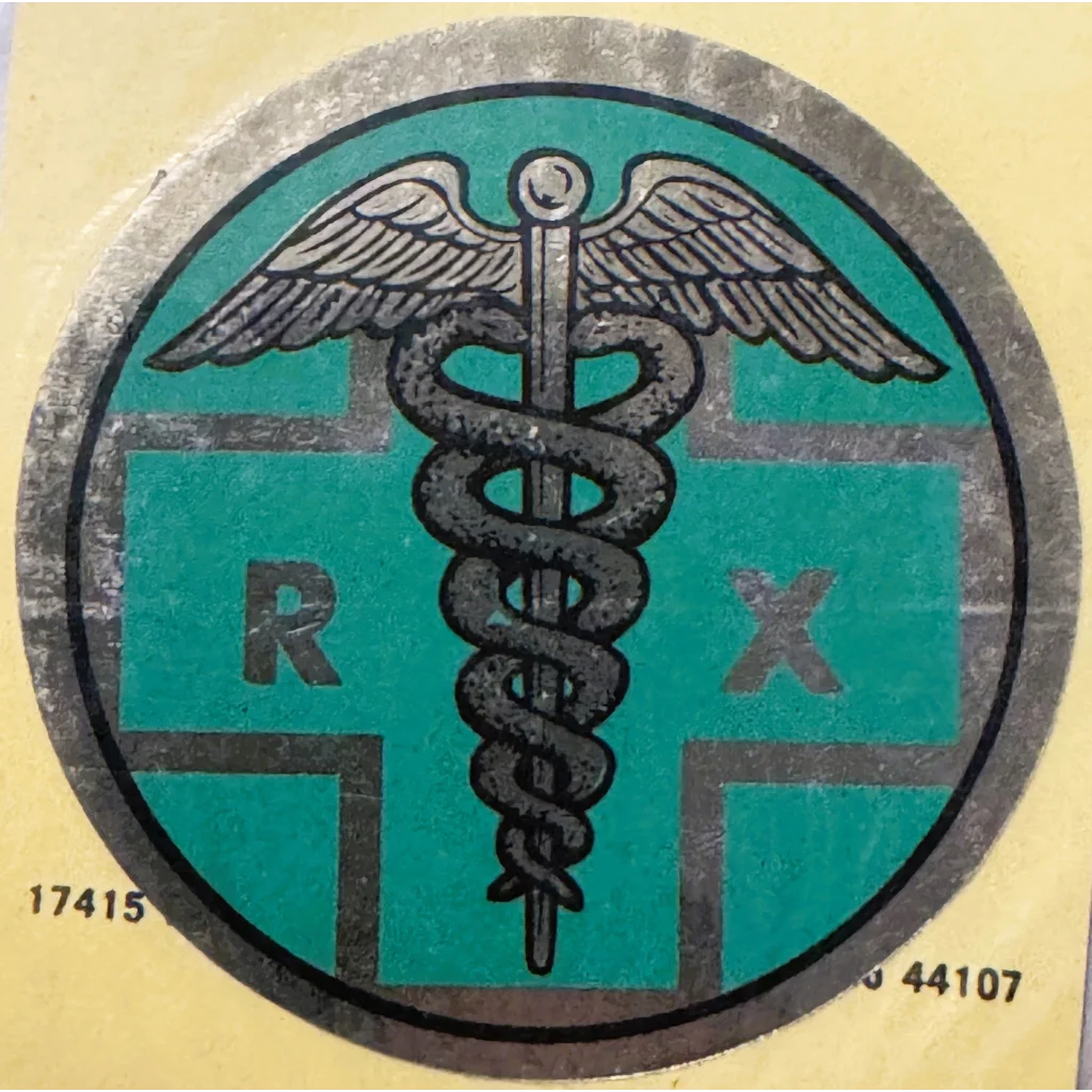 Rare vintage 1960s Embla Crest Medical Symbol Sticker on product display