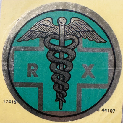 Rare vintage 1960s Embla Crest Medical Symbol Sticker on product display