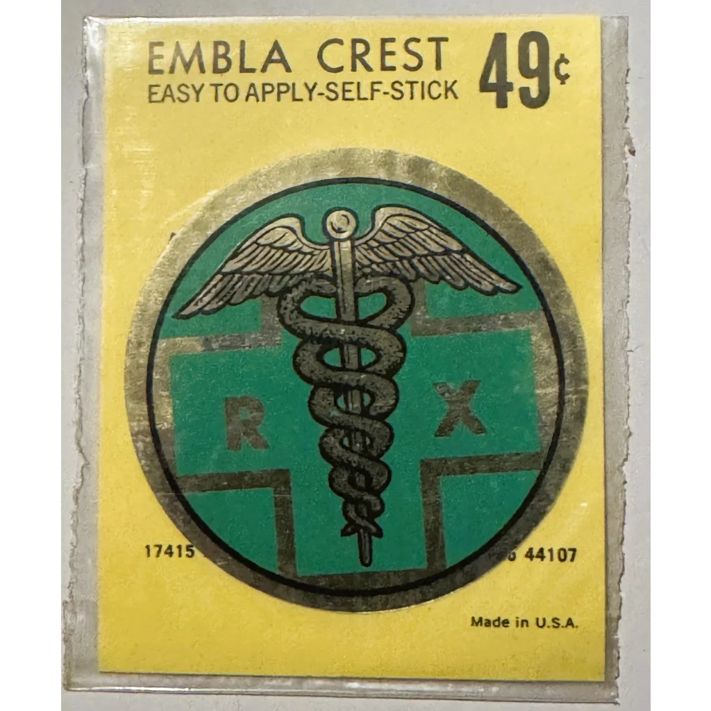 Vintage 1960s Embla Crest self-stick emblem from rare vintage 1960s pharmacist decal