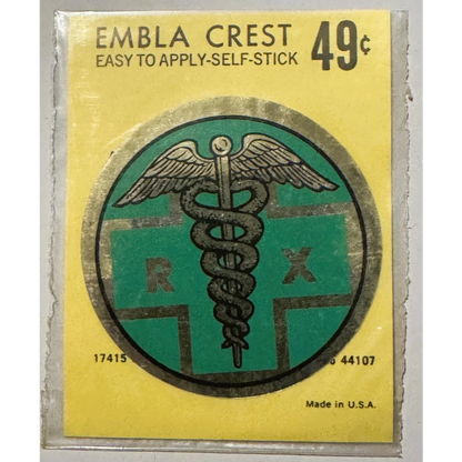 Vintage 1960s Embla Crest self-stick emblem from rare vintage 1960s pharmacist decal