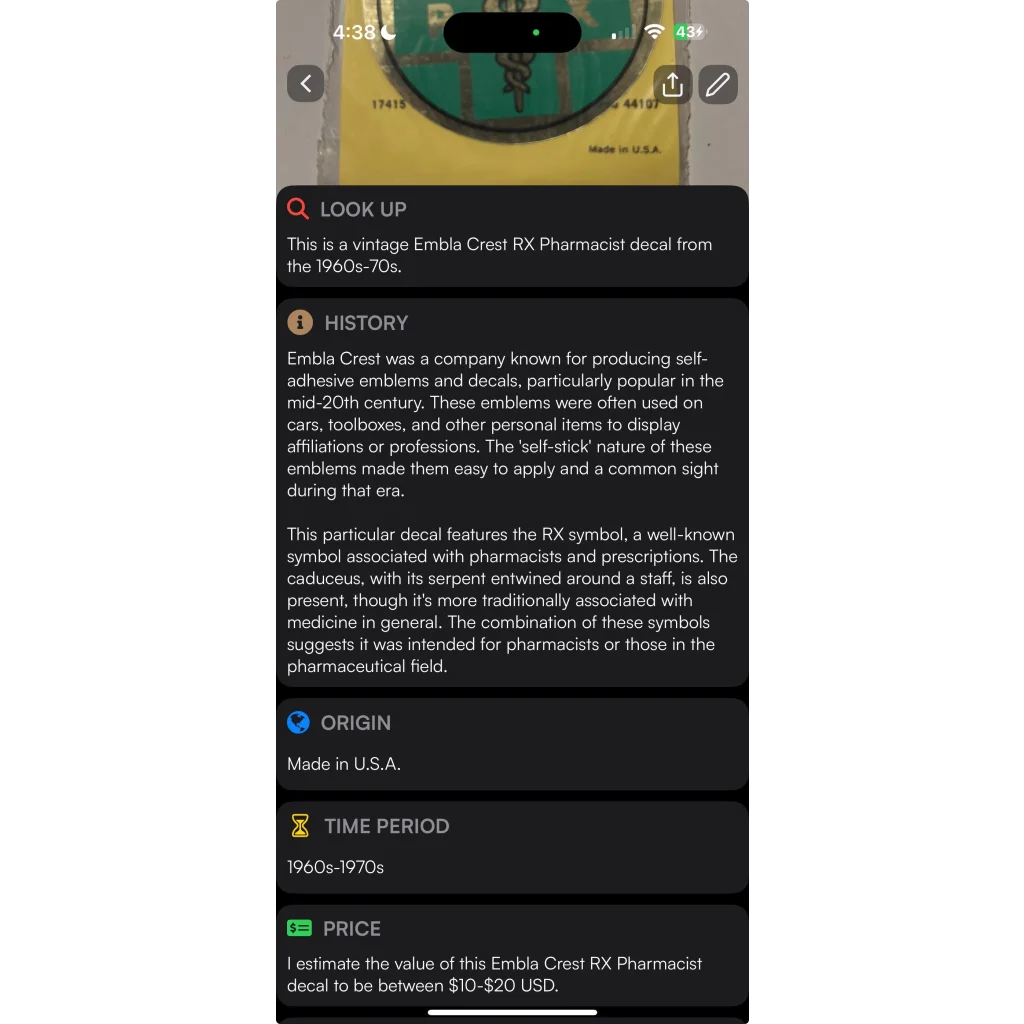 Rare vintage 1960s Embla Crest RX Pharmacist decal for collectors and vintage lovers