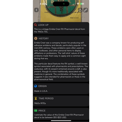 Rare vintage 1960s Embla Crest RX Pharmacist decal for collectors and vintage lovers