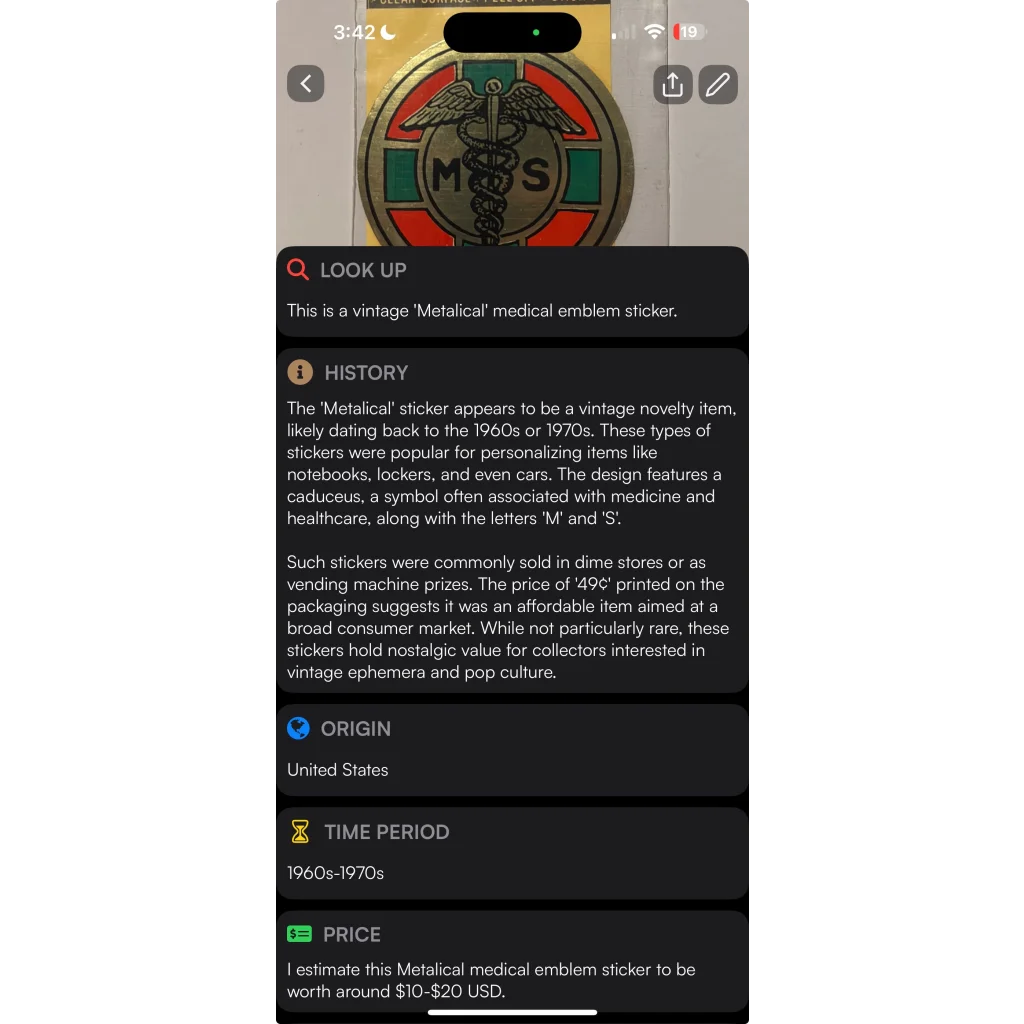 Vintage 1960s medical caduceus emblem sticker from Rare Vintage 1960s collection