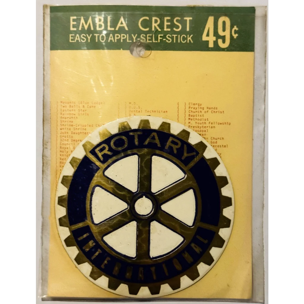Rare vintage 1960s Rotary International Embla Crest decal on packaging for collector’s find