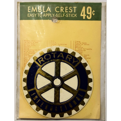 Rare vintage 1960s Rotary International Embla Crest decal on packaging for collector’s find