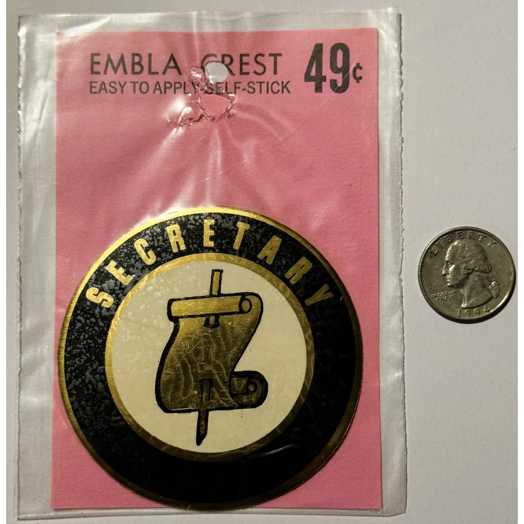 Rare vintage 1960s secretary decal featuring a self-stick emblem from the Embla Crest collection
