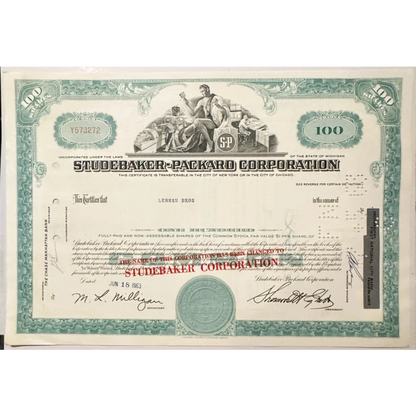 Vintage 1960s Studebaker stock certificate from Studebaker-Packard Corp in teal color