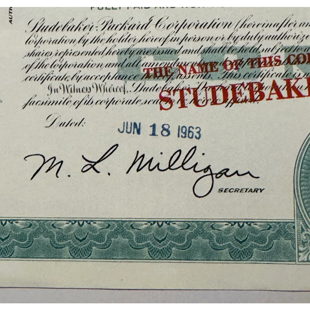 Vintage 1960s Studebaker stock certificate displayed in Rare Teal Gem product
