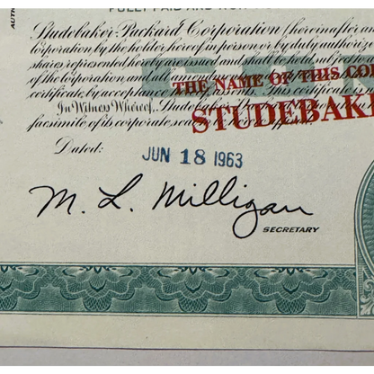 Vintage 1960s Studebaker stock certificate displayed in Rare Teal Gem product