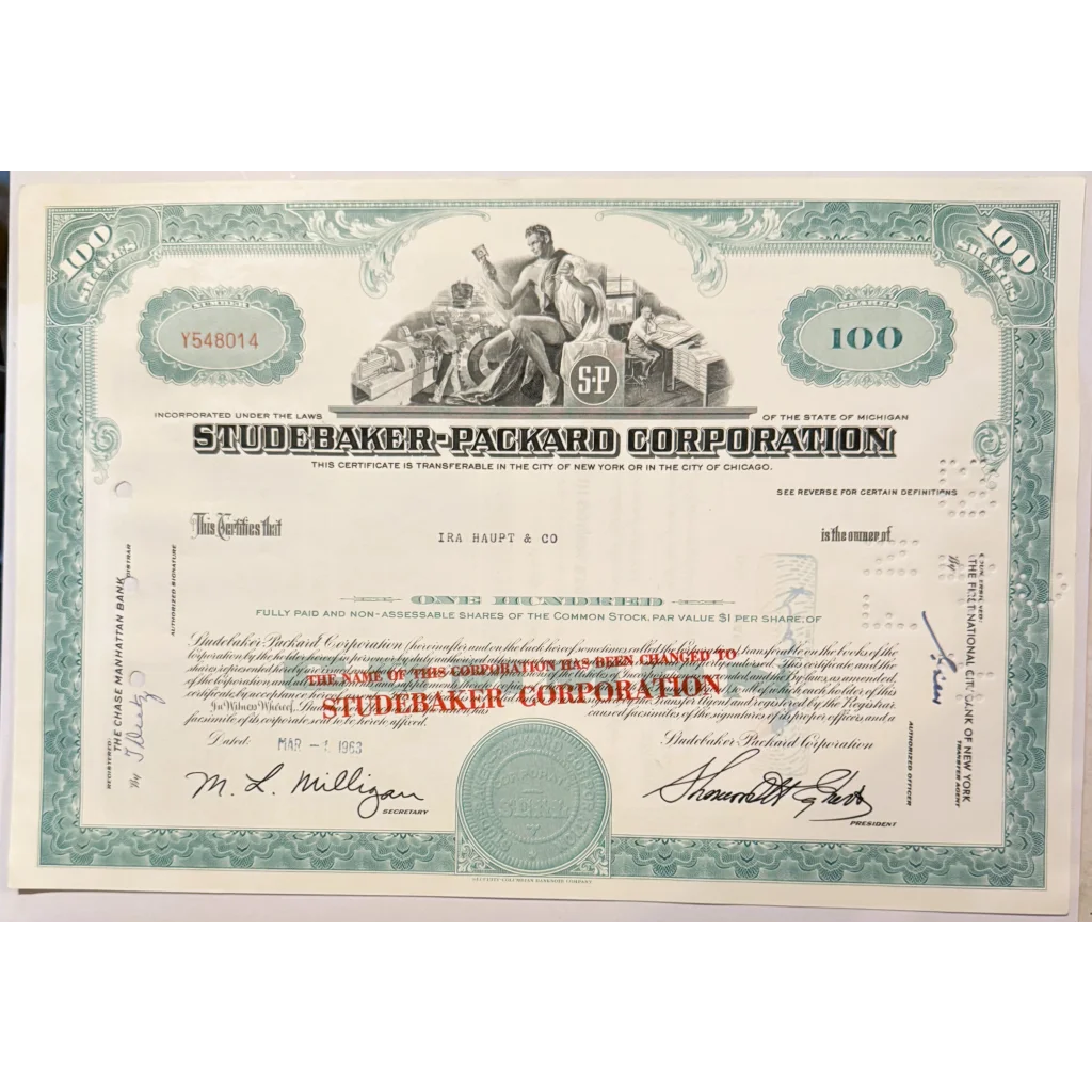 Vintage 1960s Studebaker stock certificate with teal gem from Studebaker-Packard Corp