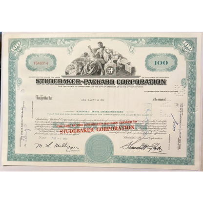 Vintage 1960s Studebaker stock certificate with teal gem from Studebaker-Packard Corp