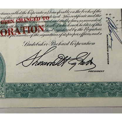 Vintage 1960s Studebaker stock certificate with teal design showcasing historic stock certificates