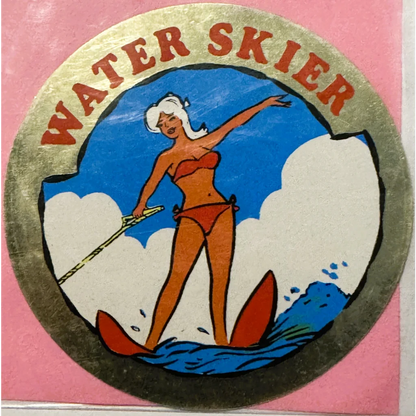 Circular water skier sticker, rare vintage 1960s water sports decal for collectors