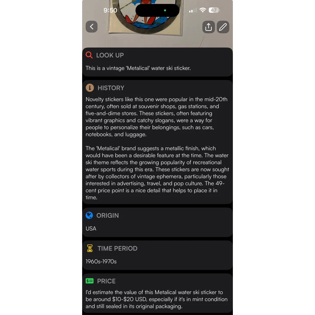 Rare vintage 1960s water skier Metalical decal with nostalgic vibe, worth 10-20 USD