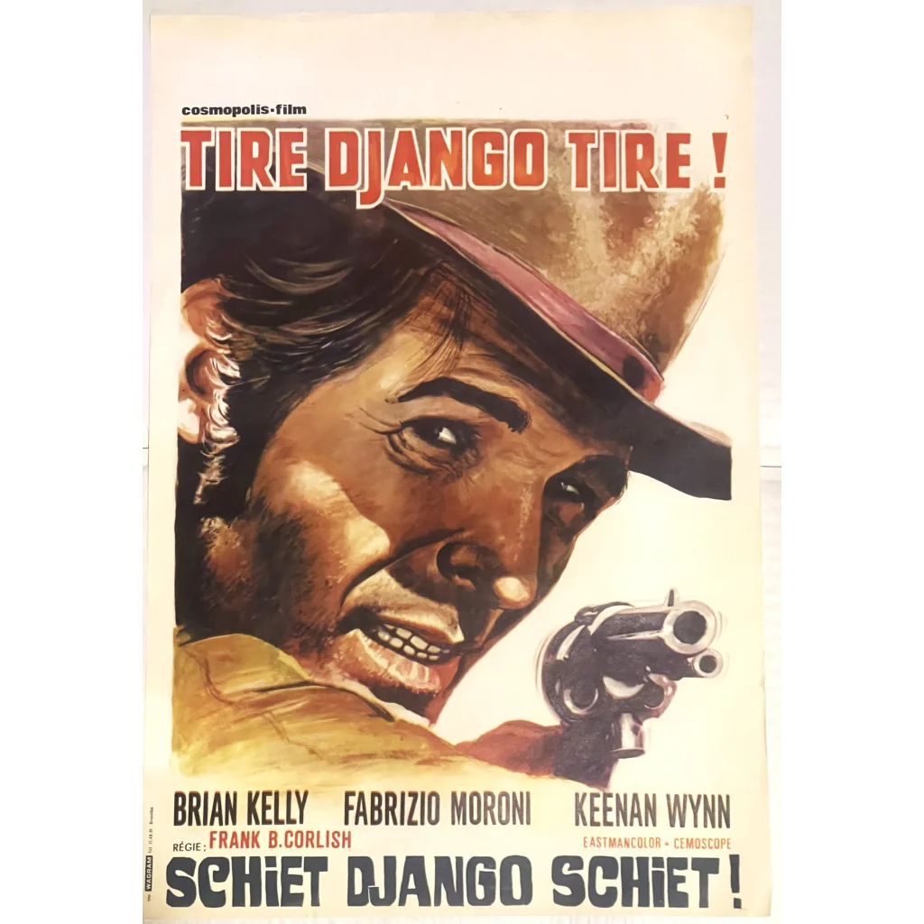 Rare Vintage 1966 🤠 Tire Django Shoot Gringo Belgium Movie Poster Advertisements Antique Collectible Items