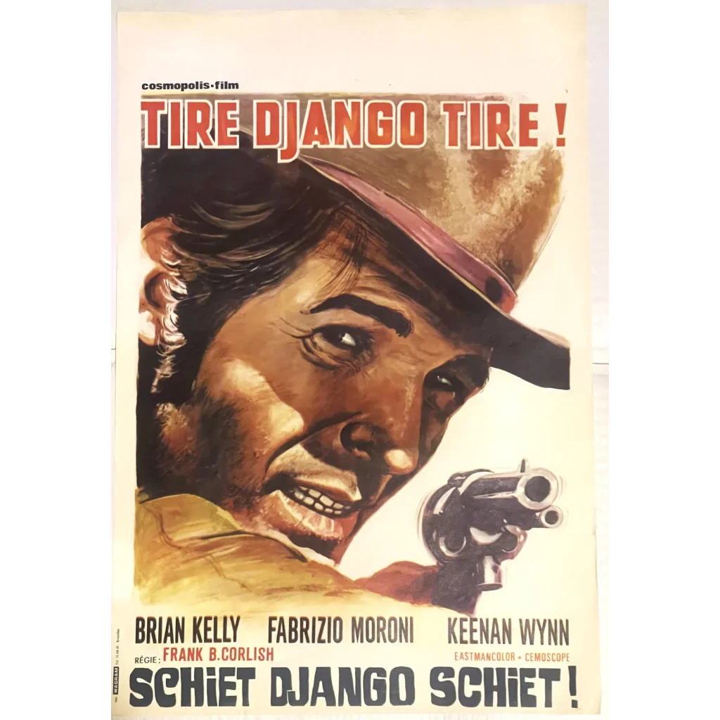 Close-up of a man’s face in the Tire Django Tire Belgium movie poster, ready for action