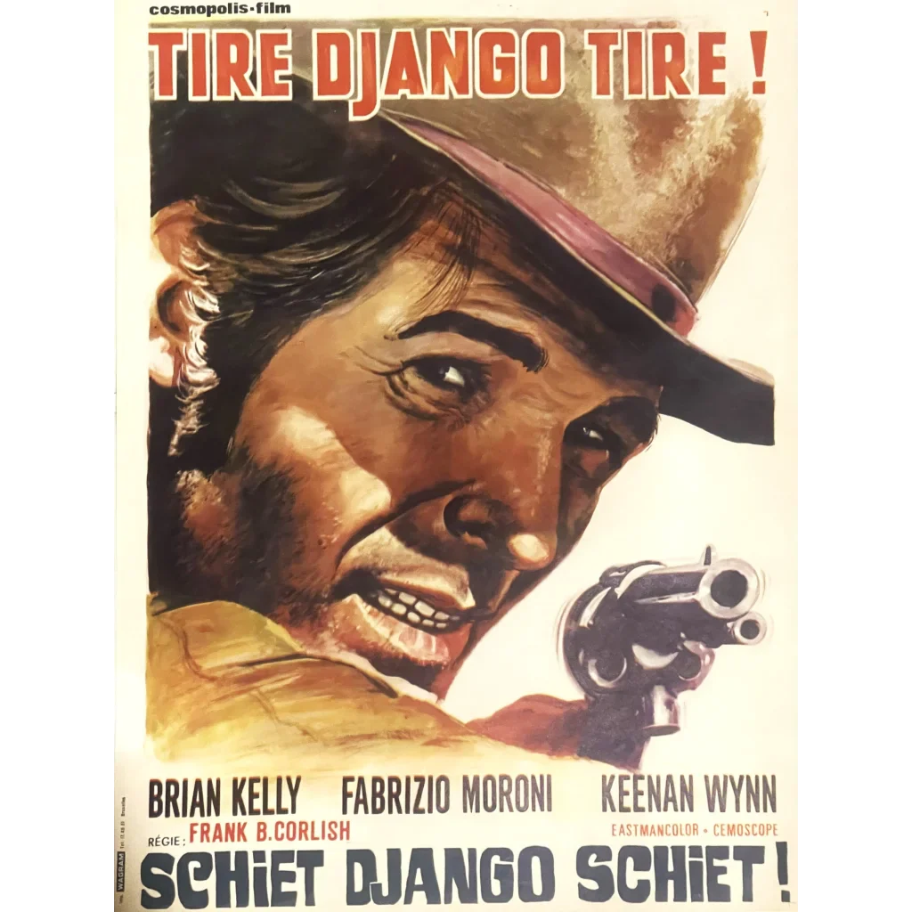 Close-up of a man aiming a gun on the Tire Django Tire Belgium movie poster