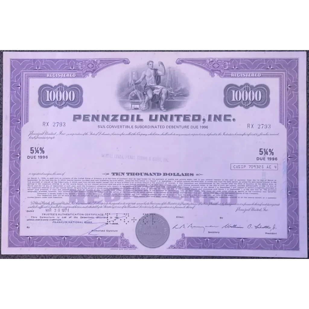 Rare Purple Pennzoil Stock Certificate worth $10,000 showcases American history