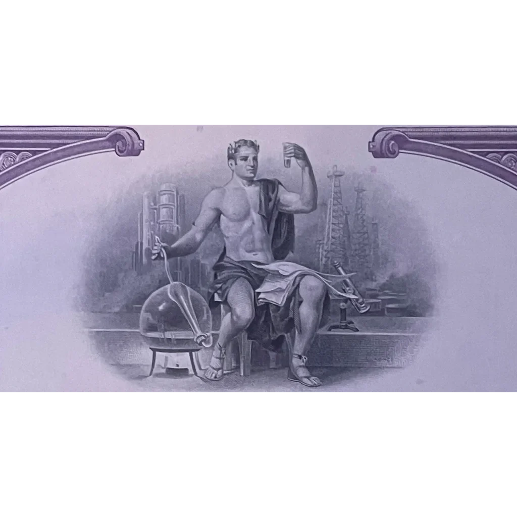 Muscular shirtless man with tools showcases Rare Purple Pennzoil Stock Certificate