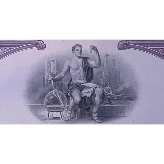 Muscular shirtless man with tools showcases Rare Purple Pennzoil Stock Certificate