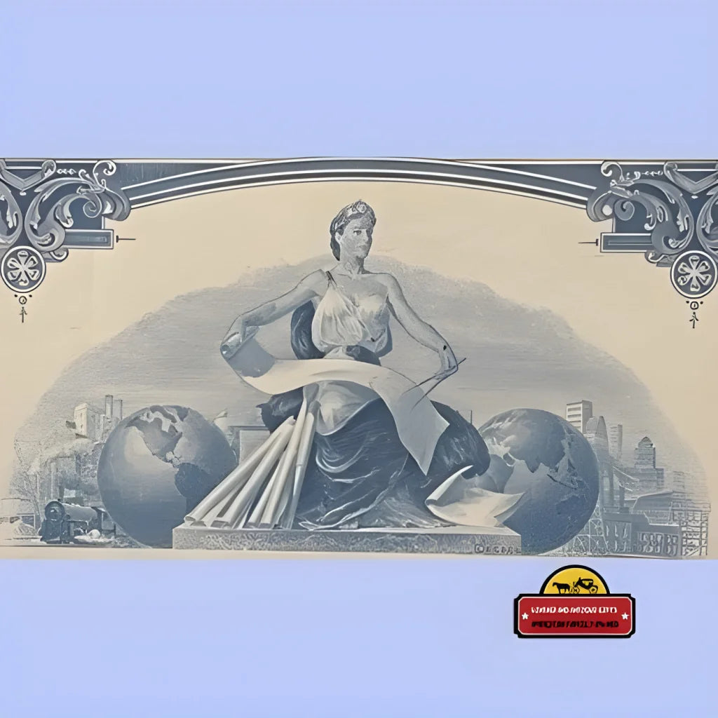 Classical female figure between globes symbolizes commerce on Rare Vintage 1970s Unimed Stock Certificate