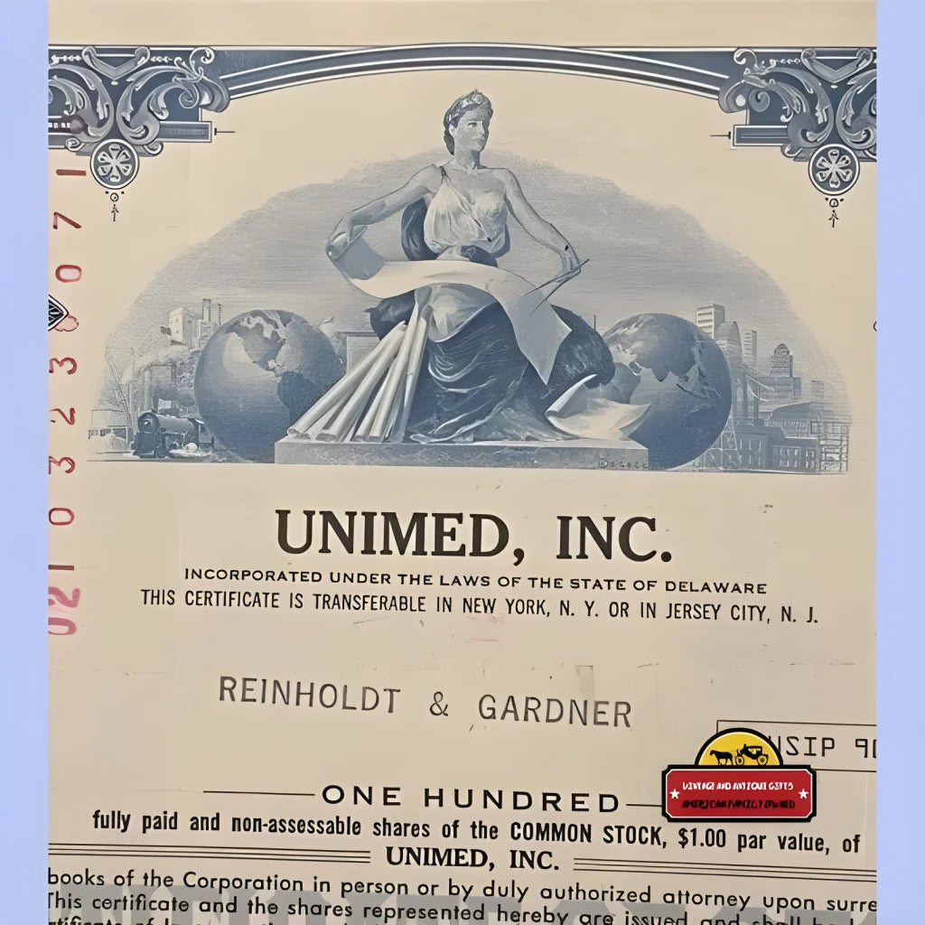 Rare Vintage 1970s Unimed Stock Certificate featuring allegorical female figure with globes