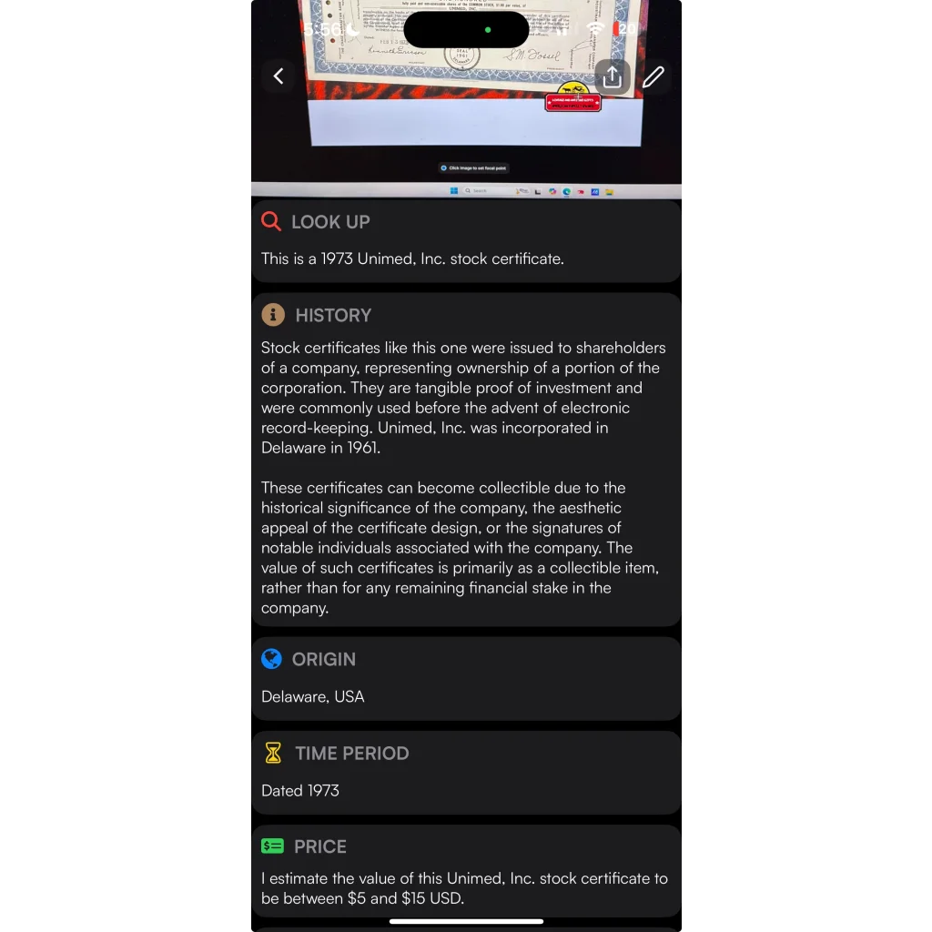 Vintage 1970s Unimed stock certificate with collectible value in Rare Vintage 1970s treasure